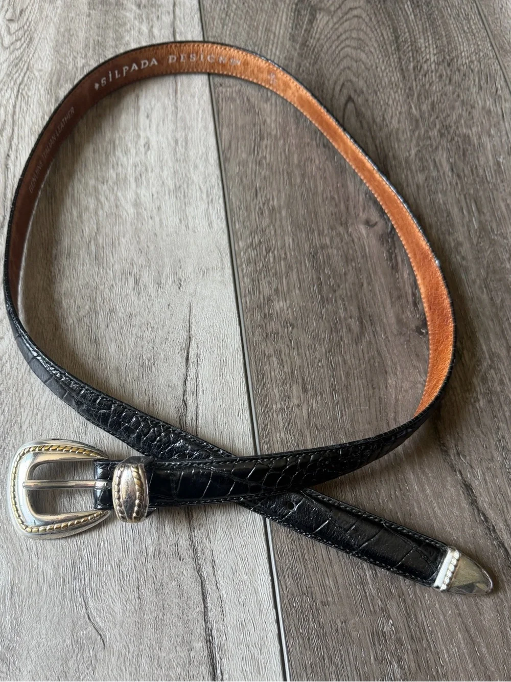 Silpada Black Croc-Embossed Genuine Leather Belt with Silver & Gold-Tone Buckle